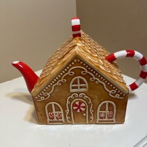 Transpac Gingerbread House Teapot with Red and White Accents
